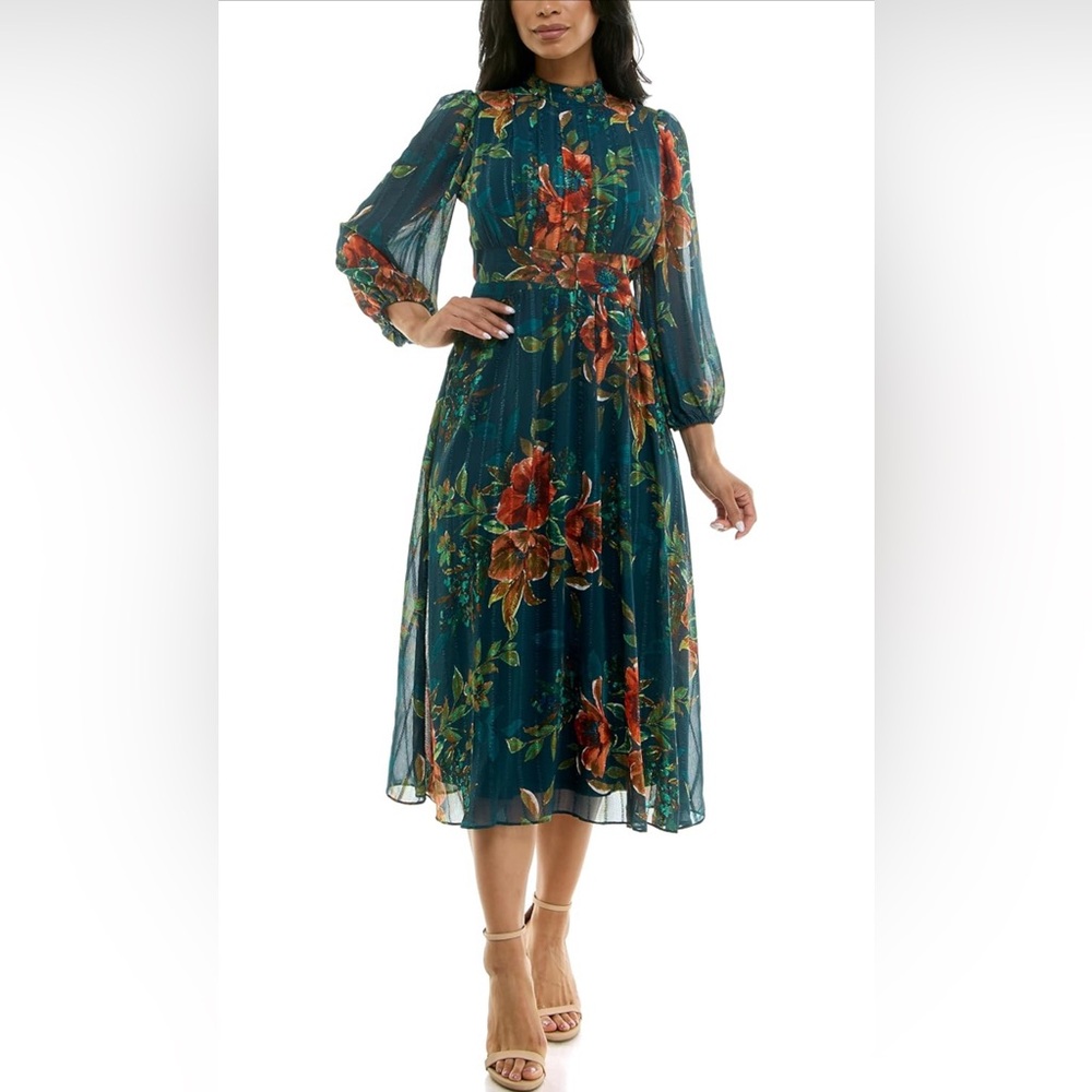 NWT-Gabby Skye Women's Long Sleeve Mock Neck Floral Print Shadow Stripe Chiffon